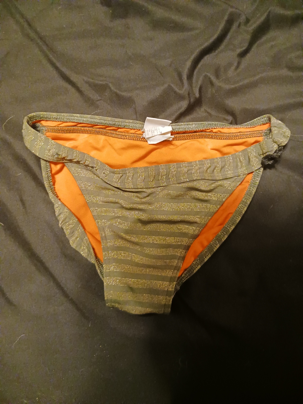 Girls Olive Green Stripe Bikini Bottom with Orange Lining